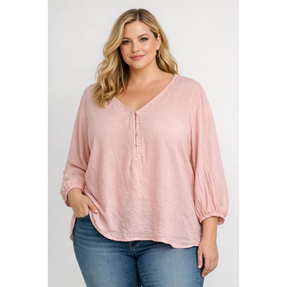 Laura Ashley 100% Linen Blush Pink Button Blouse Size 2X Relaxed Cottagecore
